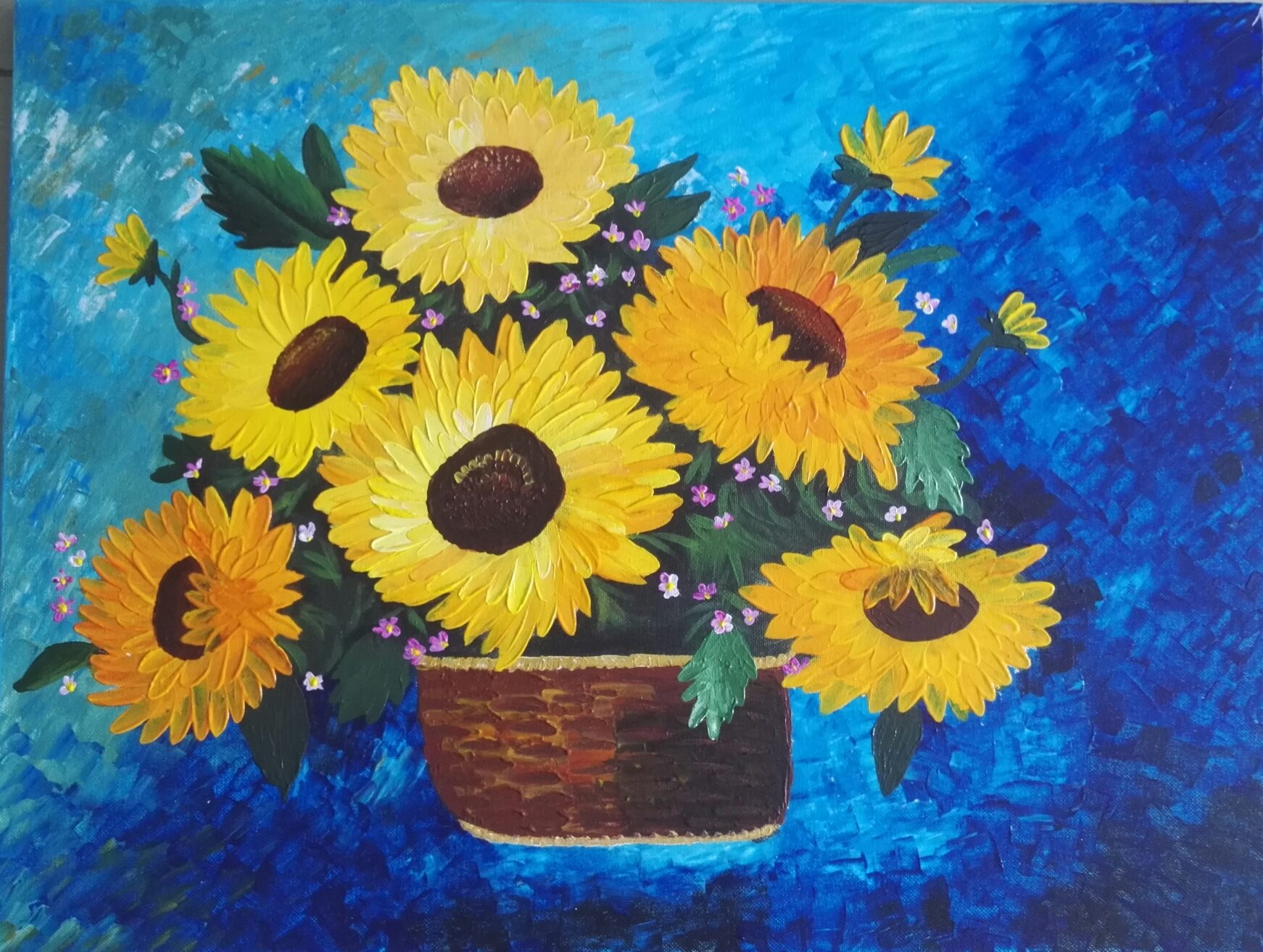 Sunflower in a Basket – Palette Knife Painting